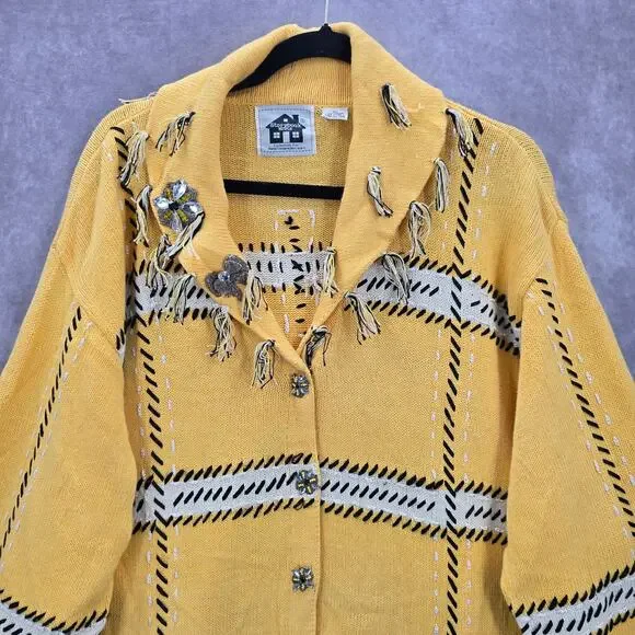 Storybook Knits Yellow Tassel Western Vintage Rhinestone Cotton Coat Jacket 3X - Picture 3 of 9